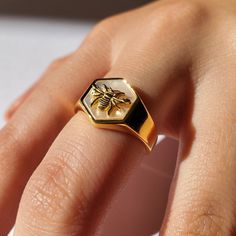 Bee Ring Hexagon Ring Geometric Ring Mother of Pearl Ring - Etsy Ring Hexagon, Hexagon Ring, Hexagonal Ring, Mother Of Pearl Ring, Gold Spoon, Bee Ring, Vintage Hip Hop, Chunky Ring, Bold Rings