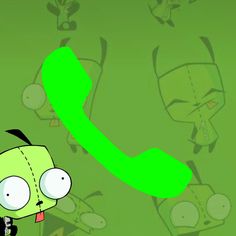 a green phone with an angry face on it and some cartoon characters in the background