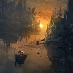 an image of a futuristic city setting in the sky with boats floating on the water