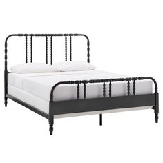 a black metal bed frame with white sheets and pillows on it, against a white background