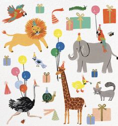 an animal themed birthday card with balloons, presents, and giraffes on it