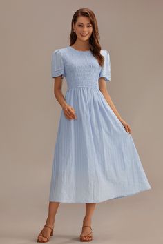 Blue Stripe Short Sleeve Round Neck Smocked Cotton Midi Dress Evening Maxi Dresses, Caroline Dress, Solid Midi Dress, Floral Chiffon Maxi Dress, White Lace Maxi Dress, High Low Midi Dress, Vintage Boho Fashion, Chiffon Midi Dress, Comfy Dresses