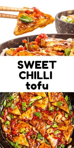 sweet chilli tofu in a skillet with chopsticks on the side