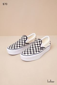 Legendary 'fits come easy when you have the Vans Classic Black & White Checkerboard Slip-On Stackform Sneakers in your closet! These iconic sneakers have a sturdy canvas construction with a trendy black and white checkerboard design, that creates a rounded toe upper with elastic gussets at the sides and a low-cut, padded collar. The simple slip-on design tops a chunky platform silhouette that features the signature waffle outsole. Logo tag at the back. 1. 5" rubber sole. Lightly cushioned insole. Rubber sole has nonskid markings. Man Made Materials. Imported. Lulus | Classic Black & White Checkerboard Slip-On Stackform Sneakers. Vans Classic Black, Platform Slip On Sneakers, Checkered Vans, Chunky Platform, Vans Classic, Slip On Sneakers, Classic Black, Slip On, Tops Designs