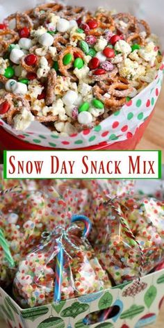 two different pictures with the words snow day snack mix