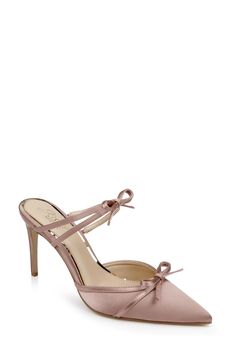 PRICES MAY VARY. Klarise Pointed Toe Satin Double Bow Mules Bow Mules, Jewel Badgley Mischka, Flat Booties, Mid Heel Shoes, Double Bow, Platform Stilettos, Open Toed Heels, Pink Heels, Badgley Mischka