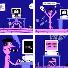 the comic strip shows two people in front of computers