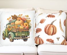 a green truck filled with pumpkins and gourds sitting on top of a white couch