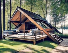 a house in the woods with a couch and stairs leading up to it's roof