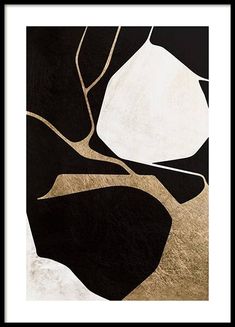 a black and white abstract painting with gold leaf shapes on it's edges, framed in dark wood frame