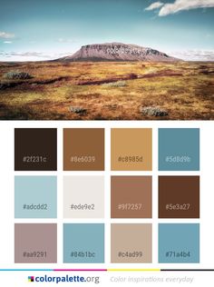 the color palette for this landscape is brown, blue, and green with white clouds in the