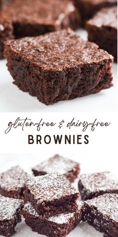 chocolate brownies with powdered sugar on top and the words, glufferfe & dairyfree brownies