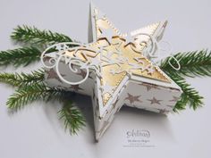 an ornament shaped like a star on top of a tree branch