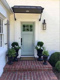 two potted plants sit on the front steps of a house