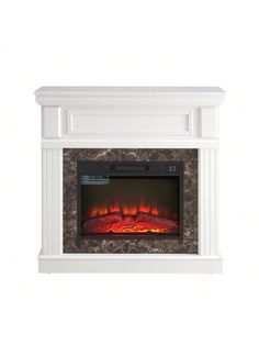 an electric fireplace with a white mantle and red flames on the front, against a white background