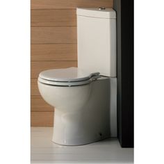 a white toilet sitting next to a wall with wood paneling on the walls behind it