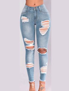 lovely Street Broken Holes Skinny Baby Blue Jeans_Jeans_Denim_LovelyWholesale | Wholesale Shoes,Wholesale Clothing, Cheap Clothes,Cheap Shoes Online. - LovelyWholesale.com Black School Trousers, High Rise Jeans Outfit, Cute Ripped Jeans, Plaid Jeans, Womens Fashions, Womens Ripped Jeans, Blue Ripped Jeans, Ripped Boyfriend Jeans, Black Ripped Jeans