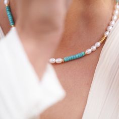 A fun and fabulous cultured freshwater pearl necklace with gorgeous turquoise to give that all important pop of colour!    An essential addition to your summer wardrobe - perfect for daywear on the beach as well as sunset dining in exotic locations.   ﻿ Oval cultured freshwater pearl necklace with18kt gold fill beads and turquoise beads with gold plate lobster clasp & ext. chain. Please note gemstones, like people, are unique and therefore may have natural inclusions or inflections. Pearls are quite soft and need special care after you wear them. Always store them in a separate jewellery pouch away from other jewellery and it is best to keep them in something soft.  From time to time, after you wear your pearls you should wipe them with a soft damp cloth to prevent dirt, chemicals and pers Beachy Necklaces, Beachy Necklace, Beach Jewellery, Jewellery Pouch, Pearls Necklace, Freshwater Pearl Necklace, Trendy Necklaces, Freshwater Cultured Pearls, Freshwater Pearl Necklaces