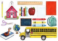 a school bus, books, pencils and other items are depicted in this watercolor illustration