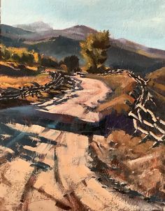 an oil painting of a dirt road in the mountains with a wooden fence on one side