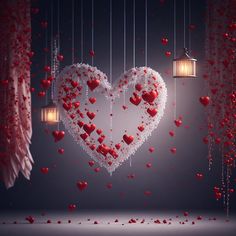 a heart - shaped decoration hanging from strings with candles in the background and red hearts scattered all over