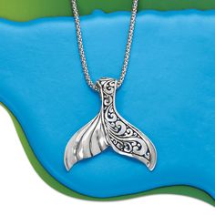 Ross-Simons - Sterling Silver Bali-Style Whale Tail Pendant Necklace. 18". A cultural symbol of strength, a whale's tail is the most powerful feature of the magnificent ocean dweller. Here, an oxidized sterling silver whale's tail pendant is adorned with lifelike ripples and beautiful Bali-style scrollwork as it dangles from a sleek popcorn chain that includes a 2" extender. Embrace its deeper meaning, or simply admire the artful piece for its connection to the fascinating world under the sea. L Blue Nile Jewelry, Whale Jewelry, Ehlers Danlos Syndrome Awareness, Whale Tail Necklace, Dolphin Pendant, Sea Life Jewelry, Family Tattoo, Jewelry Contemporary, Ehlers Danlos