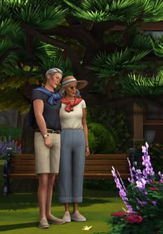 an older man and woman standing next to each other in front of trees with purple flowers