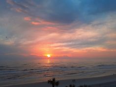 the sun is setting over the ocean with palm trees