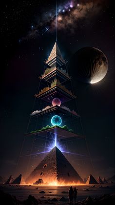 three pyramids in the sky with stars and planets above them, all stacked on top of each other