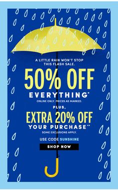 an umbrella with the text 50 % off everything plus extra 20 % off your purchase use code sunshine