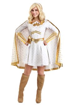 a woman dressed in a white and gold costume with long blonde hair, wearing boots