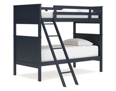 a bunk bed with a ladder next to it and pillows on the bottom shelf, against a white background