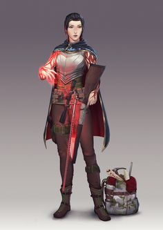 a woman dressed in armor standing next to a suitcase and holding a piece of paper