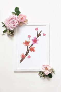 pink flowers are placed on top of a white frame