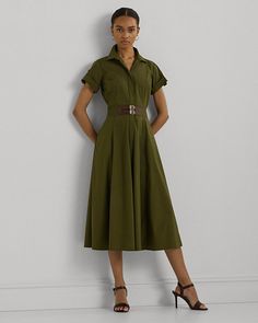 Buckle-Trim Stretch-Cotton Blend Dress Chic A-line Shirt Dress With Button Closure, Chic V-neck Midi Dress With Button Closure, Classic A-line Shirt Dress With Button Closure, Workwear Shirt Dress With 3/4 Sleeve And Button Closure, Ralph Lauren Long-sleeve Spring Dresses, Cotton Blends Dress, Old Money Style, Ralph Lauren Home