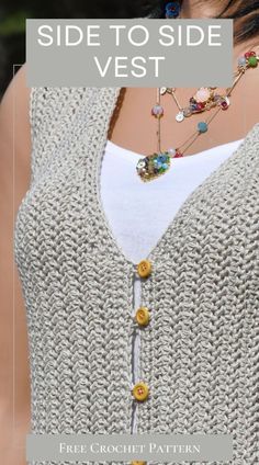 a woman wearing a sweater with buttons on it and the text side to side vest