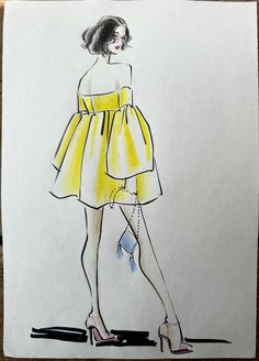 a drawing of a woman in a yellow dress