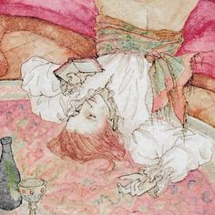 a drawing of a woman laying on top of a bed