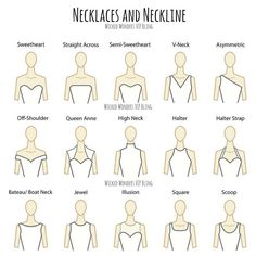 Necklaces and neckline, what to wear?  Its a question we get almost daily! Finding the right necklace to wear with your neckline can sometimes be a challenge for a lot of us.  This is simply because we are generally so focused on colors that we tend to miss how important shape and size fits into the equation. Neckline Necklace Guide, Neckline Guide, Types Of Necklines, Pear Shaped Diamond Necklace, Necklace For Neckline, Jewish Star Necklace, Necklace Guide, Wedding Dress Necklace, Different Necklines