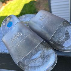 Brand New Coach Clear Sandals. Perfect For The Beach! Coach Winter Boots, Chunky Loafer, Clear Sandals, Coach Sneakers, Kitten Heel Sandals, Cream Shoes, Beaded Sandals, Classic Pumps, Brown Sneakers