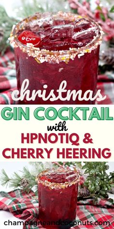 christmas gin cocktail with hypnot & cherry herring in the background and text overlay