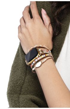 Metallic accents shimmer on a braided strap that shows off your Apple Watch and wraps around the wrist to serve as a stunning accessory. Apple Watch not included Compatible with Series 1–7 Apple Watch Synthetic/leather/goldtone plate/stainless steel/stone Imported Stacking Bracelets With Apple Watch, I Watch Bands For Women, Bracelet Stack With Apple Watch, Apple Watch Stack, Apple Watch Bracelet Stack, Apple Watch Band Ideas, Apple Watch Ideas, Monthly Planner 2022, Work Wardrobe Essentials