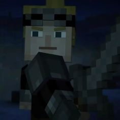 a minecraft character holding a black object in the dark