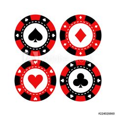 four poker chips with hearts and spades on them, all in black and red