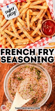 french fry seasoning in a glass bowl with a wooden spoon next to it and the title overlay reads, french fry seasoning