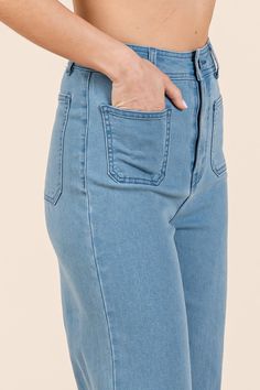 These high-waisted jeans are crafted from soft denim knit fabric, offering both comfort and flexibility. The straight wide leg fit creates a flattering silhouette, making them versatile for various occasions. Featuring front and back patch pockets for added style and functionality, they also have a zip fly with a button closure for a secure fit. Perfect for pairing with a fitted top or an oversized sweater, these jeans are a must-have addition to your wardrobe! Features: Washed, Pocketed Stretch High Waist Wide Leg Jeans, Skirt Jumpsuit, Fitted Top, Oversized Sweater, Free Spirit, Wide Leg Jeans, Stretchy Material, High Waist Jeans, Bottoms Pants