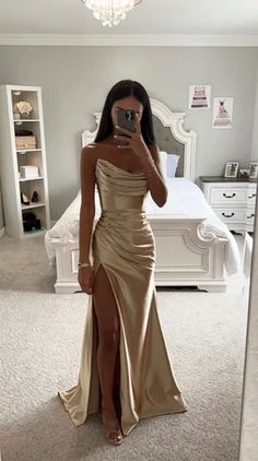 GOLD ASYMMETRICAL SATIN GOWN – DDMINE Champagne Satin Prom Dress, Strapless Wedding Dress Mermaid, Champagne Prom Dress, Satin Formal Dress, Strapless Prom Dresses, Prom Dresses Gowns, فستان سهرة, Satin Prom Dress