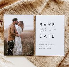 a save the date card on top of a blanket next to a couple's photo