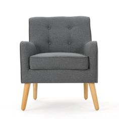 a grey chair with wooden legs and an armrest, on a white background the chair is upholstered in gray fabric