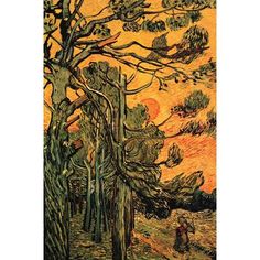 an image of a painting with trees in the foreground and a person walking by it